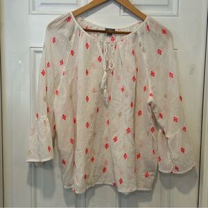 Aerie White Embroidered Peasant Top 3/4 Bell Sleeve Cotton, Romantic, Boho, XL